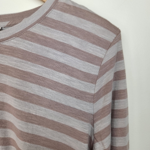 LOGO Lori Goldstein Slub Knit Long Sleeve Ruffle Hem Brown Stripe Top Sz M - Picture 2 of 6